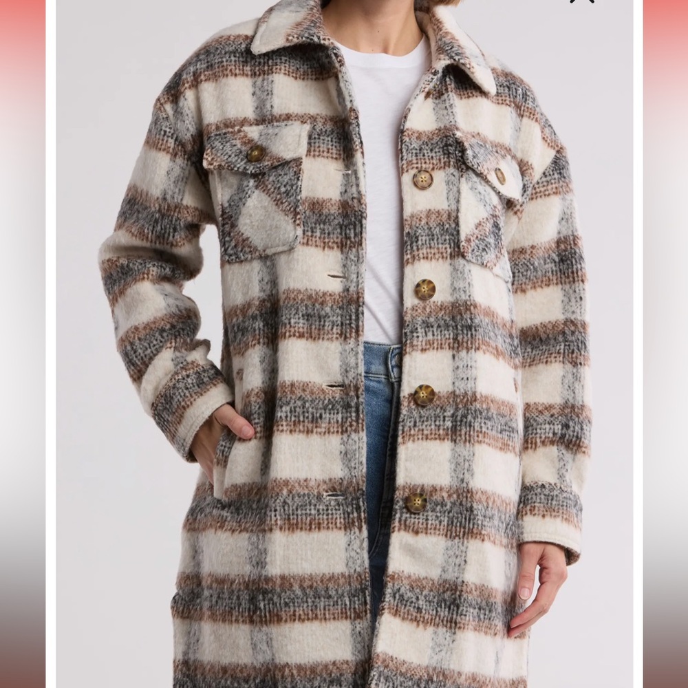 NWT Lucky Brand Plaid Shacket size S cream/brown